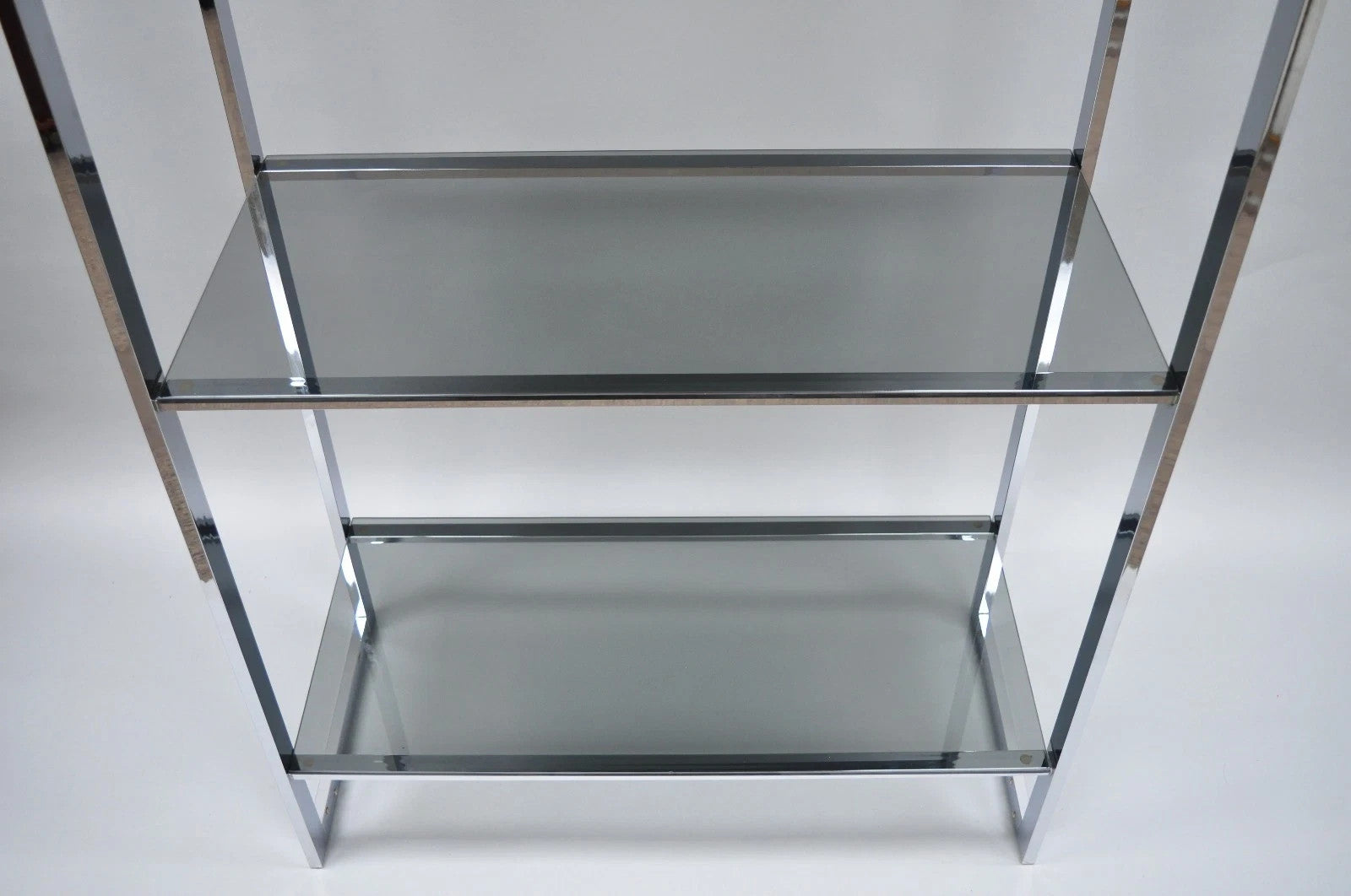 Mid Century Modern Baughman Style Chrome Smoked Glass Etagere Bookcase Shelf