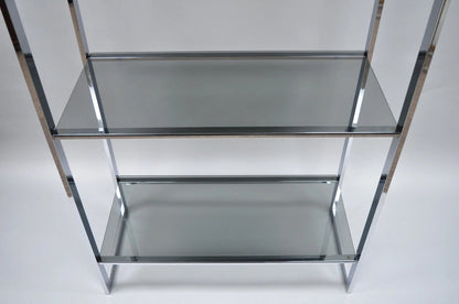 Mid Century Modern Baughman Style Chrome Smoked Glass Etagere Bookcase Shelf