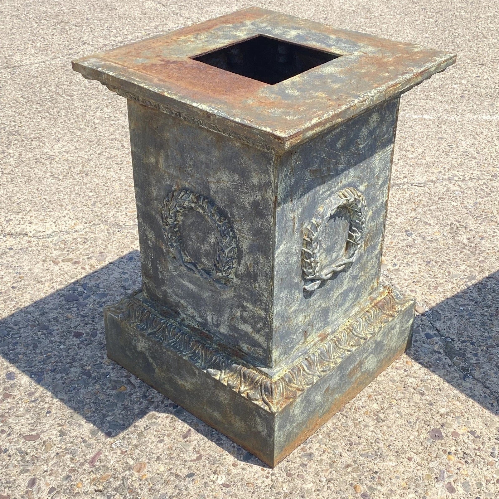 Vintage Neoclassical Cast Iron Wreath Garden Urn Planter Pedestal Base - Pair