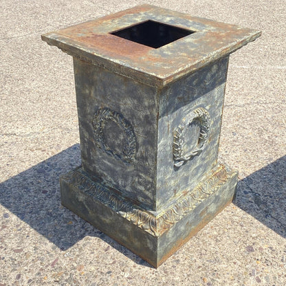 Vintage Neoclassical Cast Iron Wreath Garden Urn Planter Pedestal Base - Pair