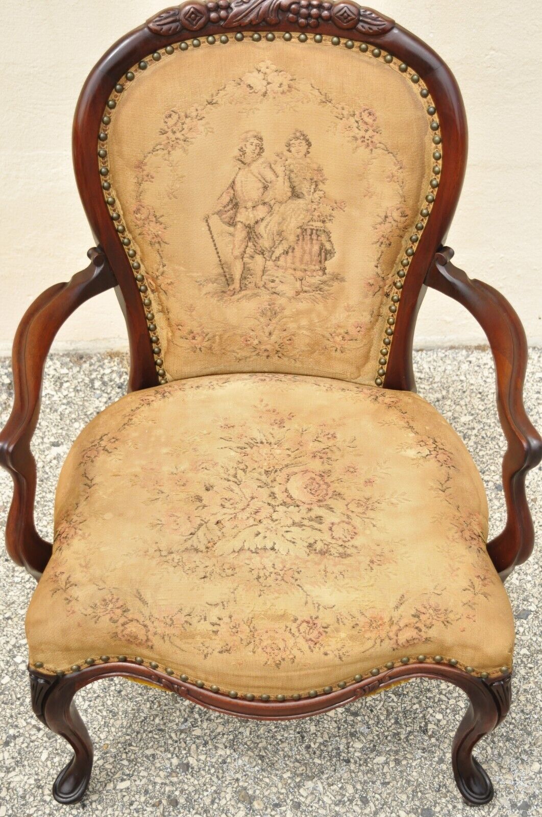 Vintage French Victorian Style Carved Mahogany Frame Lounge Arm Chair