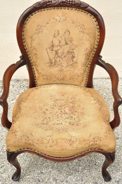 Vintage French Victorian Style Carved Mahogany Frame Lounge Arm Chair
