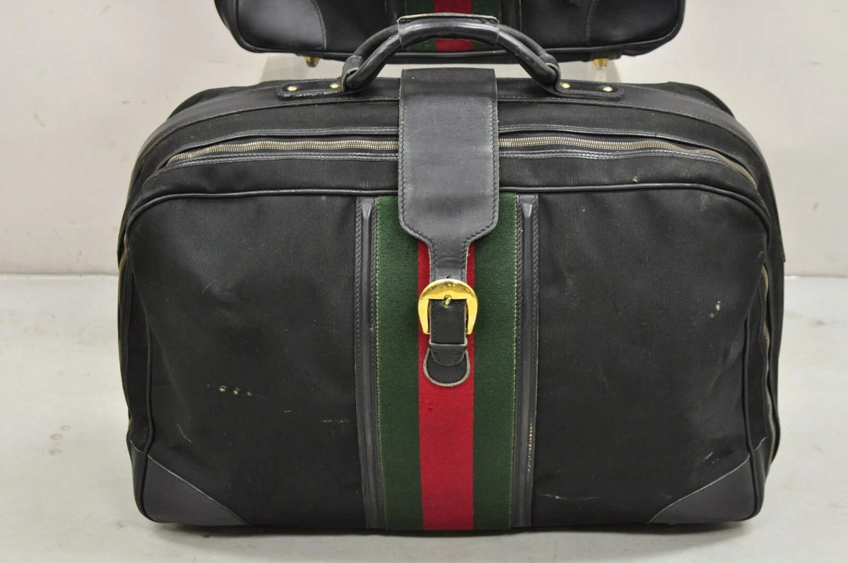 Vintage Gucci Black Canvas & Leather Suitcase Luggage Travel Bag Set - 2 Pcs