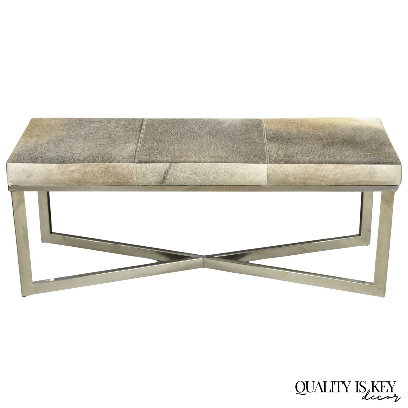 Modern Leather Cowhide Silver Chrome Metal X-Frame Stretcher Base Bench