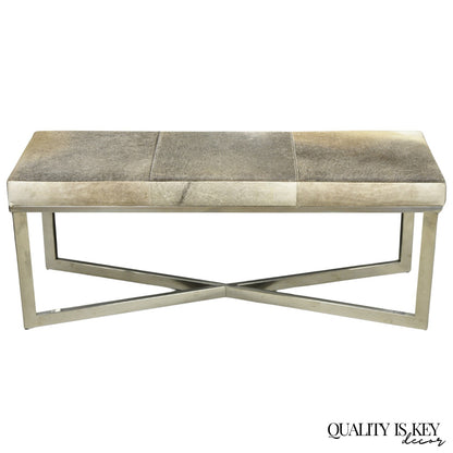 Modern Leather Cowhide Silver Chrome Metal X-Frame Stretcher Base Bench