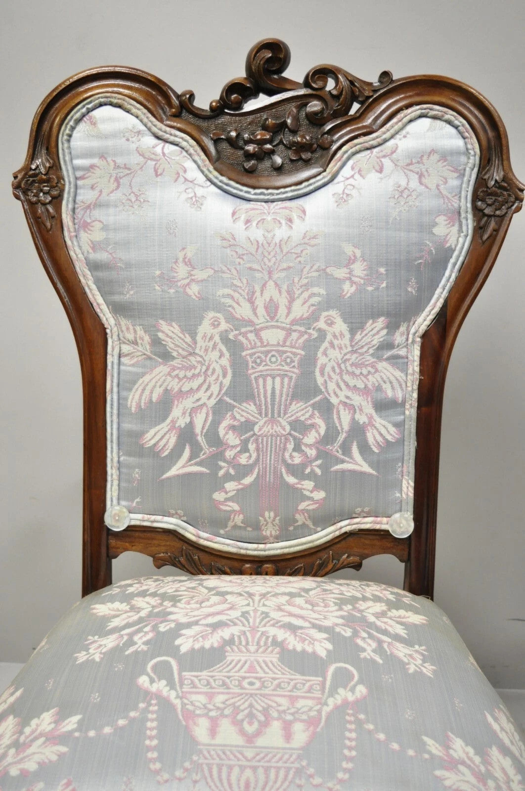Victorian Floral Scrollwork Carved Mahogany Parlor Slipper Side Chairs - a Pair