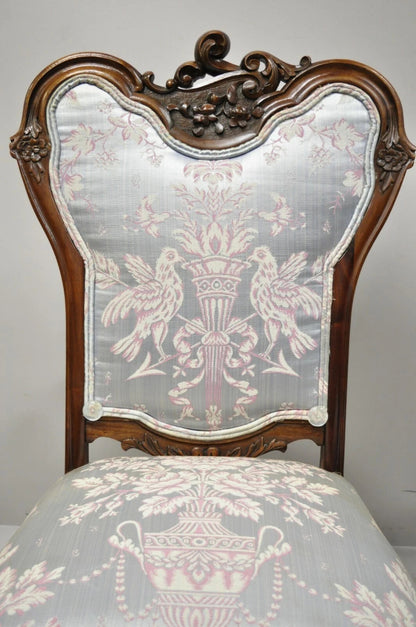 Victorian Floral Scrollwork Carved Mahogany Parlor Slipper Side Chairs - a Pair
