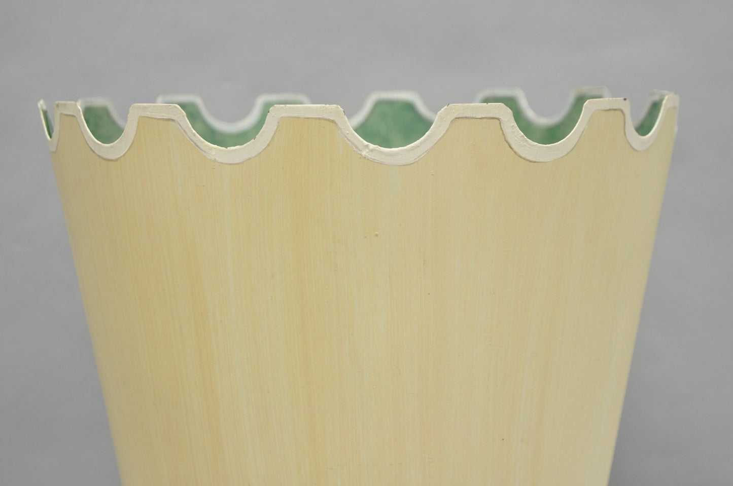Vintage Italian Hollywood Regency Tole Metal Cream & Green Painted Wastebasket