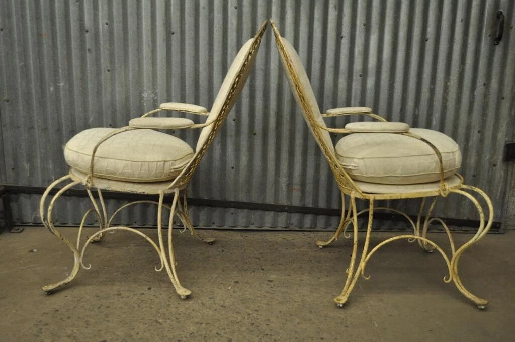 Vintage French Country Wrought Iron Lattice Scrolling Arm Chairs (A) - Pair