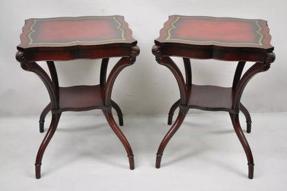 Vintage French Regency Style Red Leather Top Mahogany Lamp End Tables - a Pair