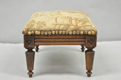 Antique French Country Louis XVI Carved Walnut Small Petite Footstool Ottoman