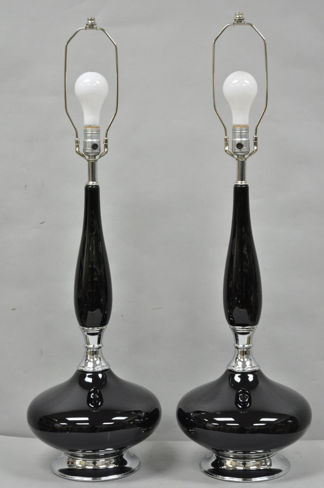 Vintage Mid Century Modern Black Glazed Ceramic & Chrome Table Lamps - a Pair
