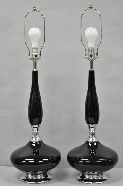 Vintage Mid Century Modern Black Glazed Ceramic & Chrome Table Lamps - a Pair