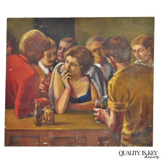 Vintage Patricia Stone "The Bar" Large Oil on Canvas Art Deco Painting, Signed