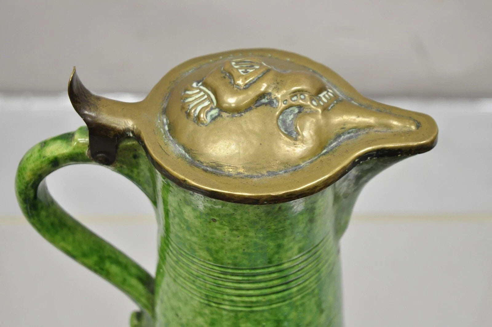 Antique Gothic Renaissance Green Ceramic Pitcher with Brass Soldier Armor Lid