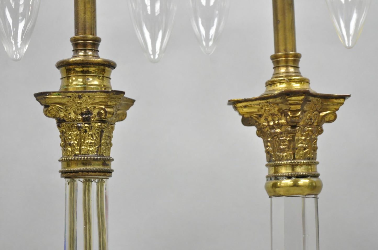 Antique Brass Corinthian Column Crystal Glass Candlestick Small Table Lamps Pair