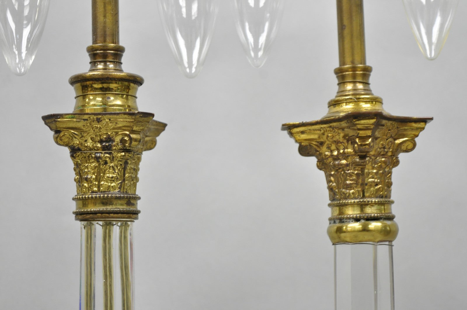 Antique Brass Corinthian Column Crystal Glass Candlestick Small Table Lamps Pair