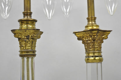 Antique Brass Corinthian Column Crystal Glass Candlestick Small Table Lamps Pair