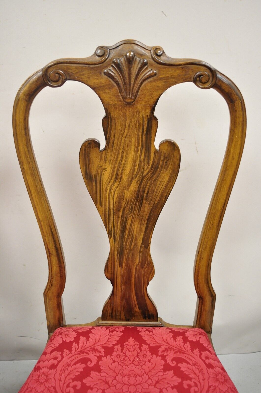 Vintage Queen Anne Style Shell Carved Solid Wood Dining Chairs - Set of 8