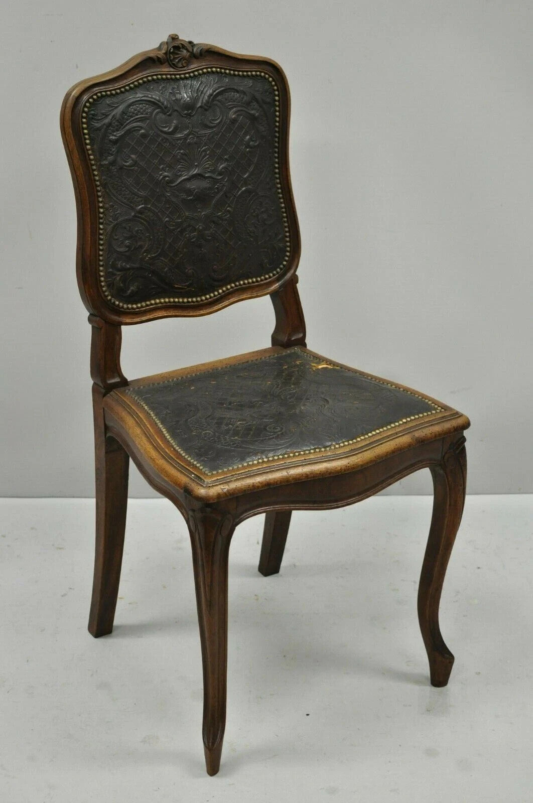Antique French Louis XV Style Brown Embossed Leather Walnut Dining Side Chair A