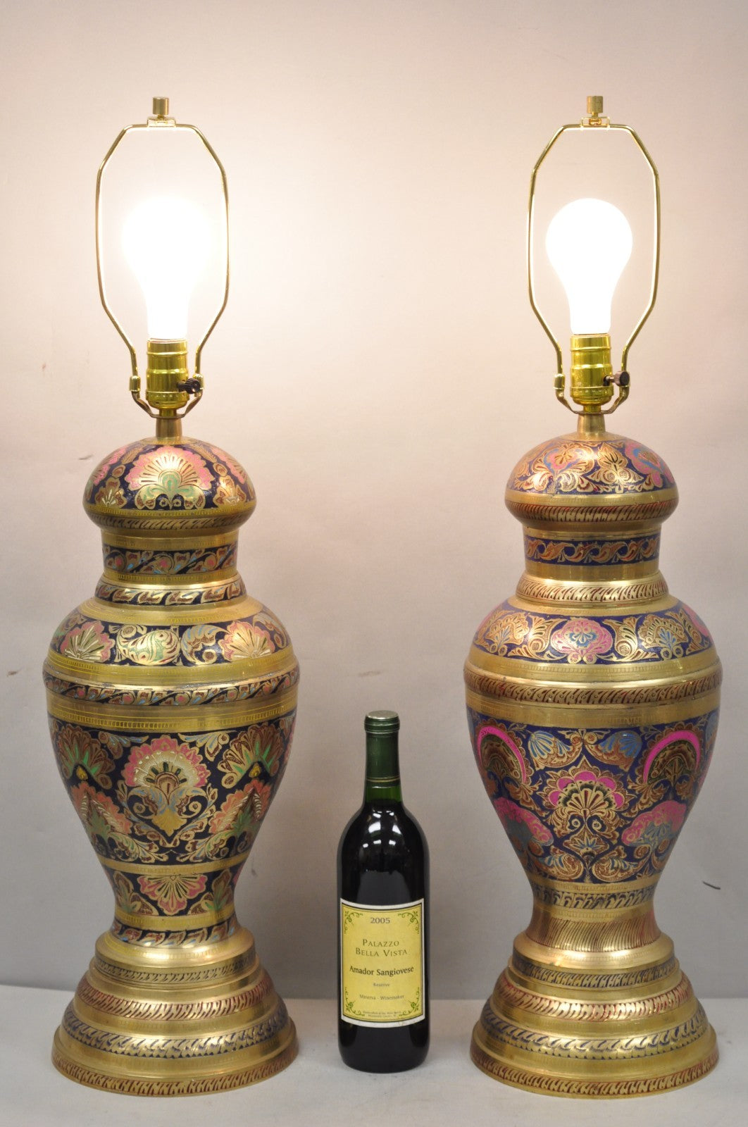 Vintage Brass & Cloisonné Enamel Pink & Blue Jardiniere Urn Table Lamps - Pair