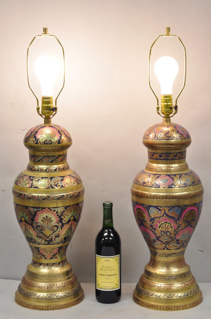Vintage Brass & Cloisonné Enamel Pink & Blue Jardiniere Urn Table Lamps - Pair