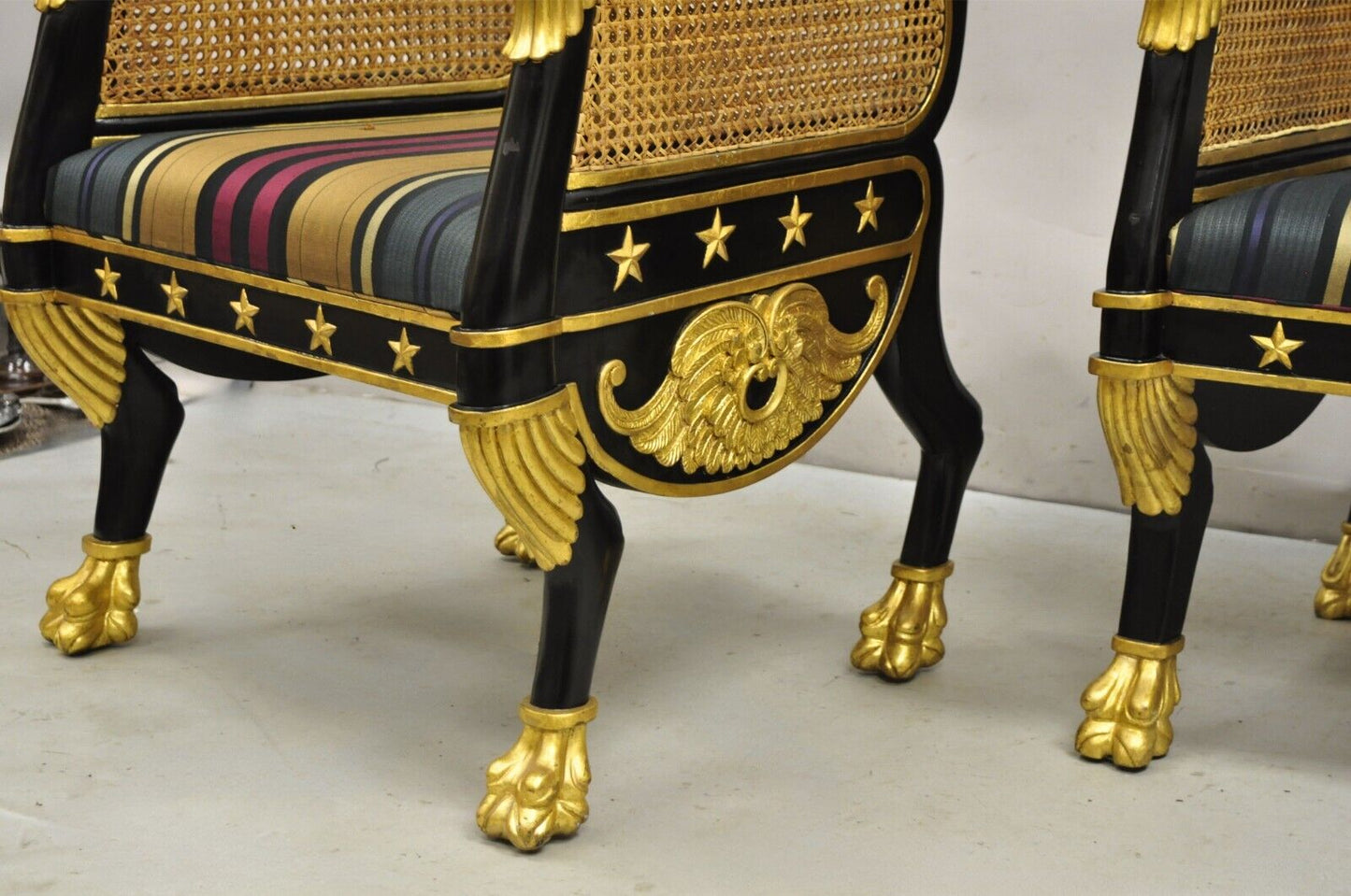 Egyptian Revival Regency Black Ebonized Gold Gilt Lion Head Throne Chairs - Pair