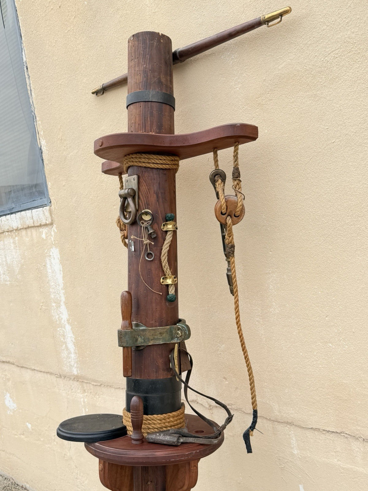 Vintage Custom Nautical Wood 95" Ship Mast Mancave Bar Island w Pulley & Ropes