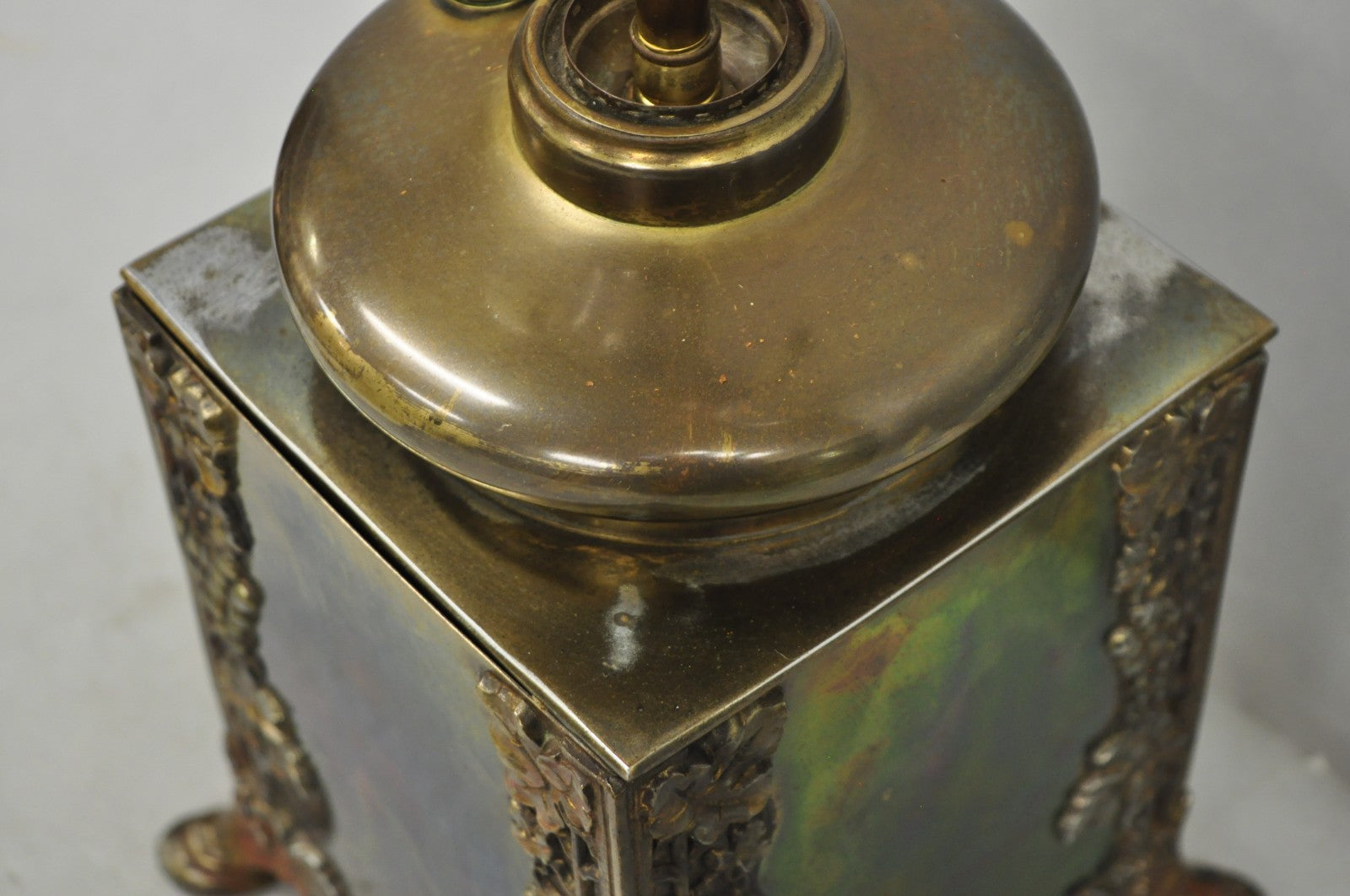 Antique French Art Nouveau Brass Maple Leaf Converted Oil Lamp Table Lamp