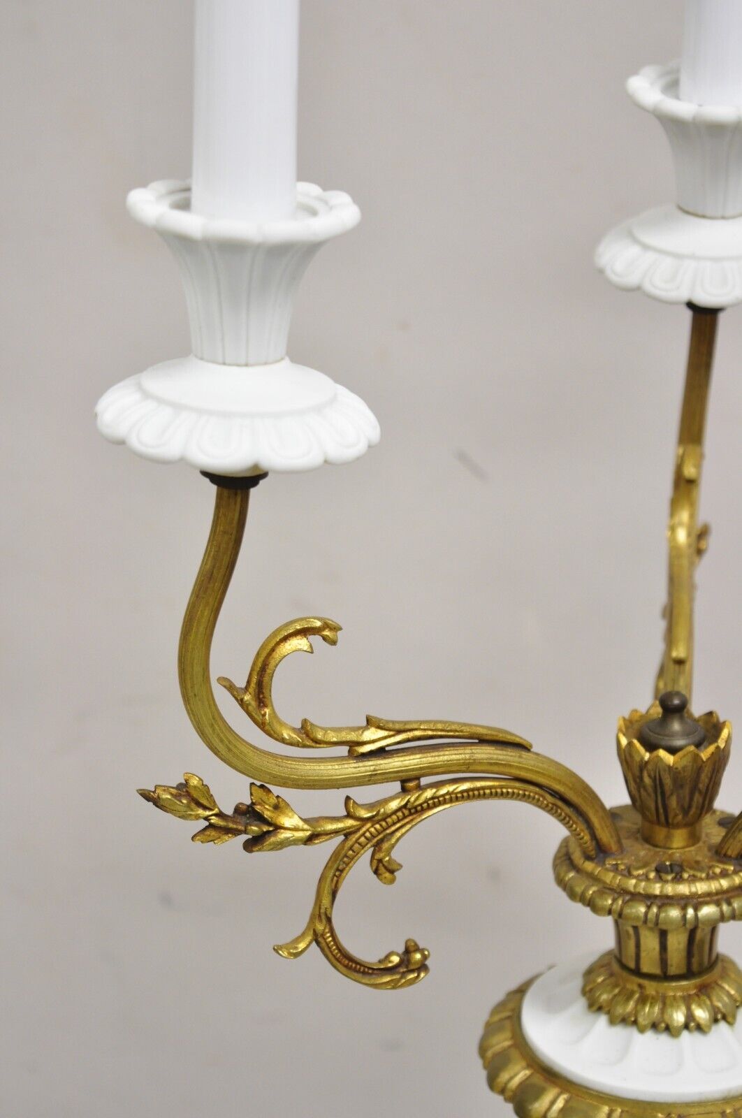 Antique French Louis XV Figural Bronze & Porcelain Candelabra Table Lamps - Pair