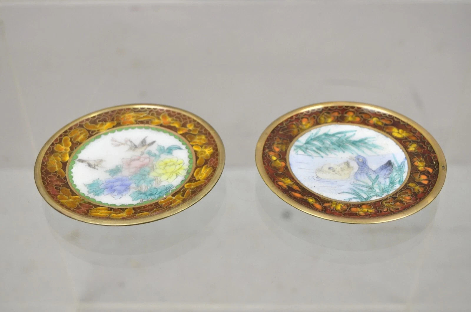Vintage Chinese Brass Enamel Cloisonne Small Trinket Dish Set Brown - Set of 2