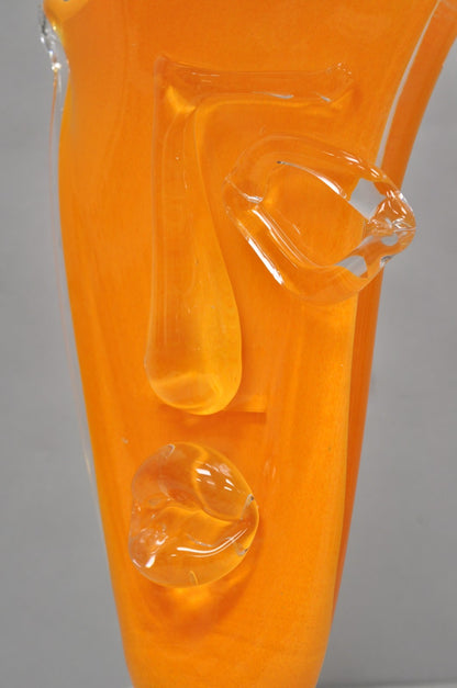 Ion Tamaian Postmodern Orange Blown Art Glass 20" Large Abstract Face Sculpture