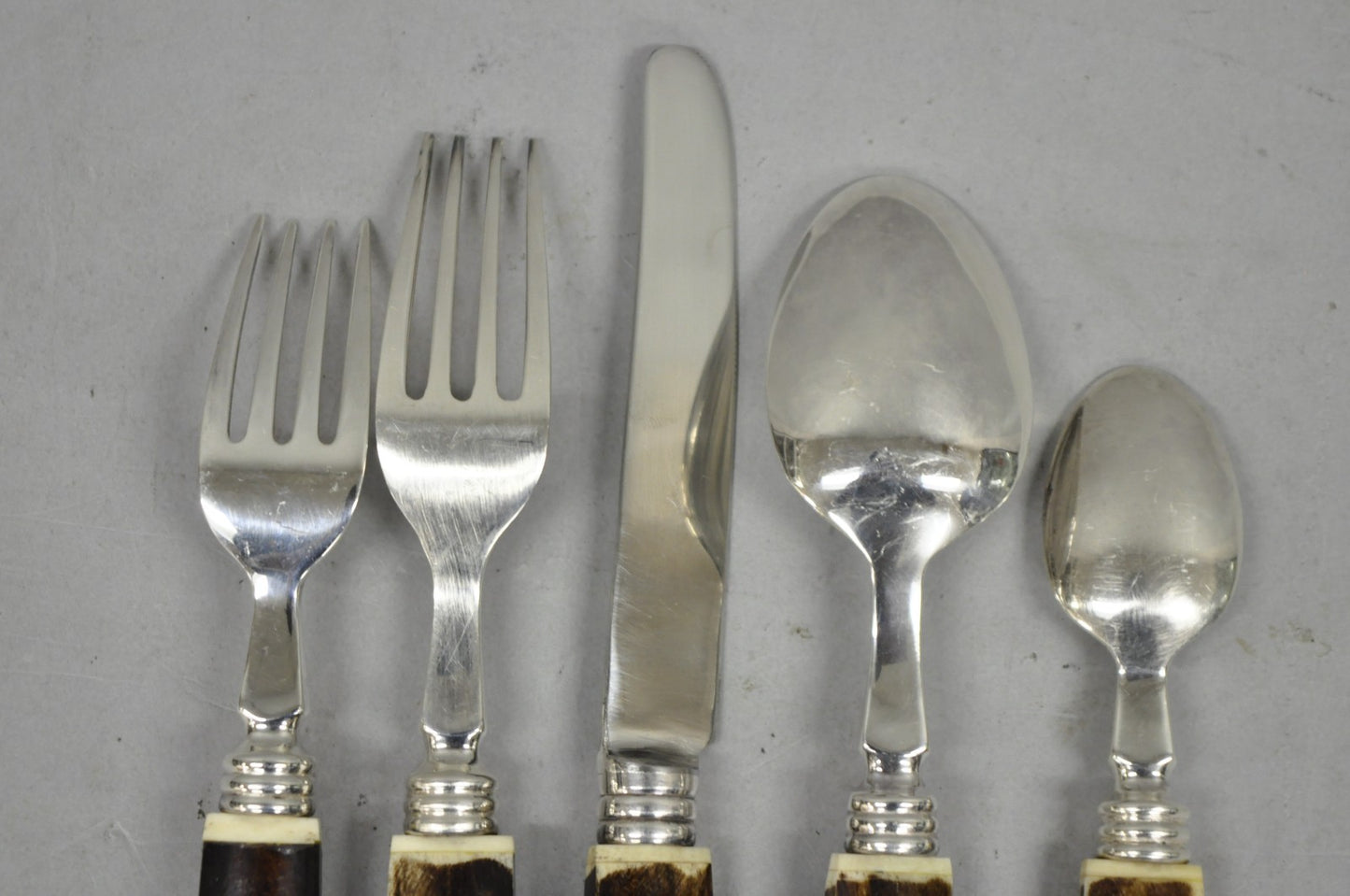 Vintage Hollywood Regency Faux Horn Handle Silver Flatware (5 pc) Set Svc for 12