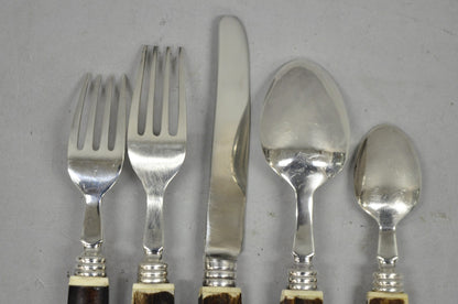 Vintage Hollywood Regency Faux Horn Handle Silver Flatware (5 pc) Set Svc for 12