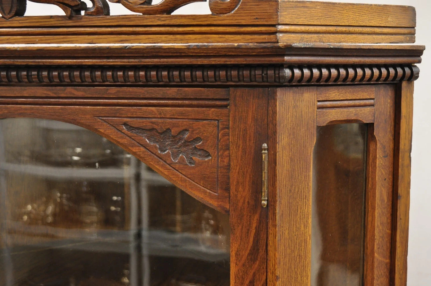 Antique Victorian Renaissance Oak Glass Door Carved Curio Corner China Cabinet