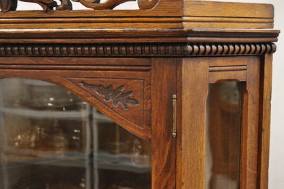 Antique Victorian Renaissance Oak Glass Door Carved Curio Corner China Cabinet