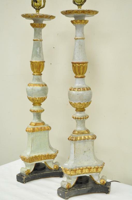 Antique Italian Neoclassical Hand-Carved Giltwood Candlestick Table Lamps - Pair