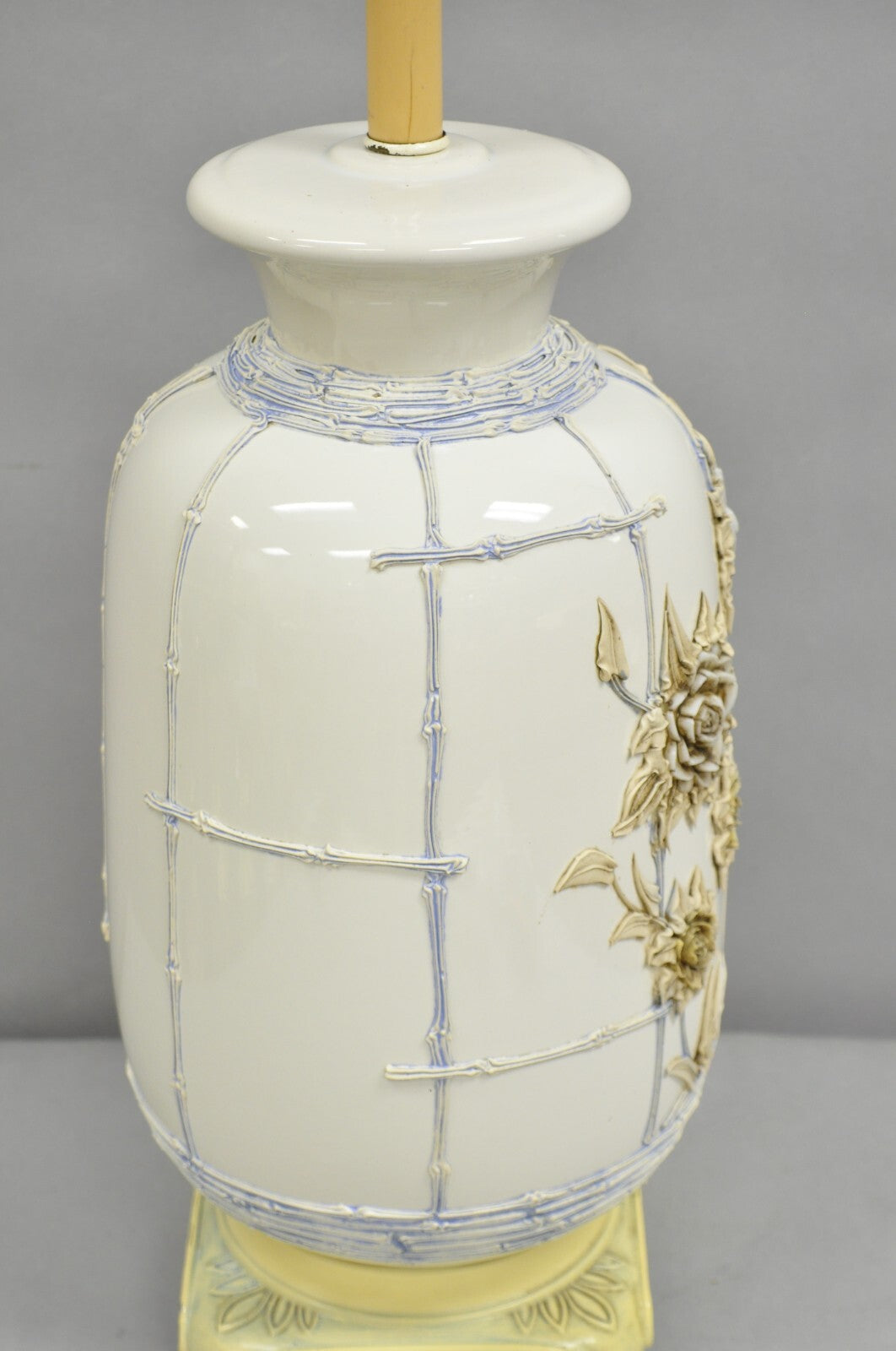 Vintage Chinoiserie White Porcelain Jardinere Table Lamp w/ Applied Flowers