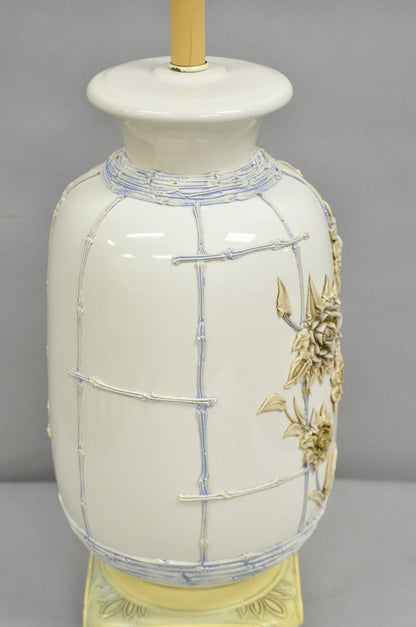 Vintage Chinoiserie White Porcelain Jardinere Table Lamp w/ Applied Flowers