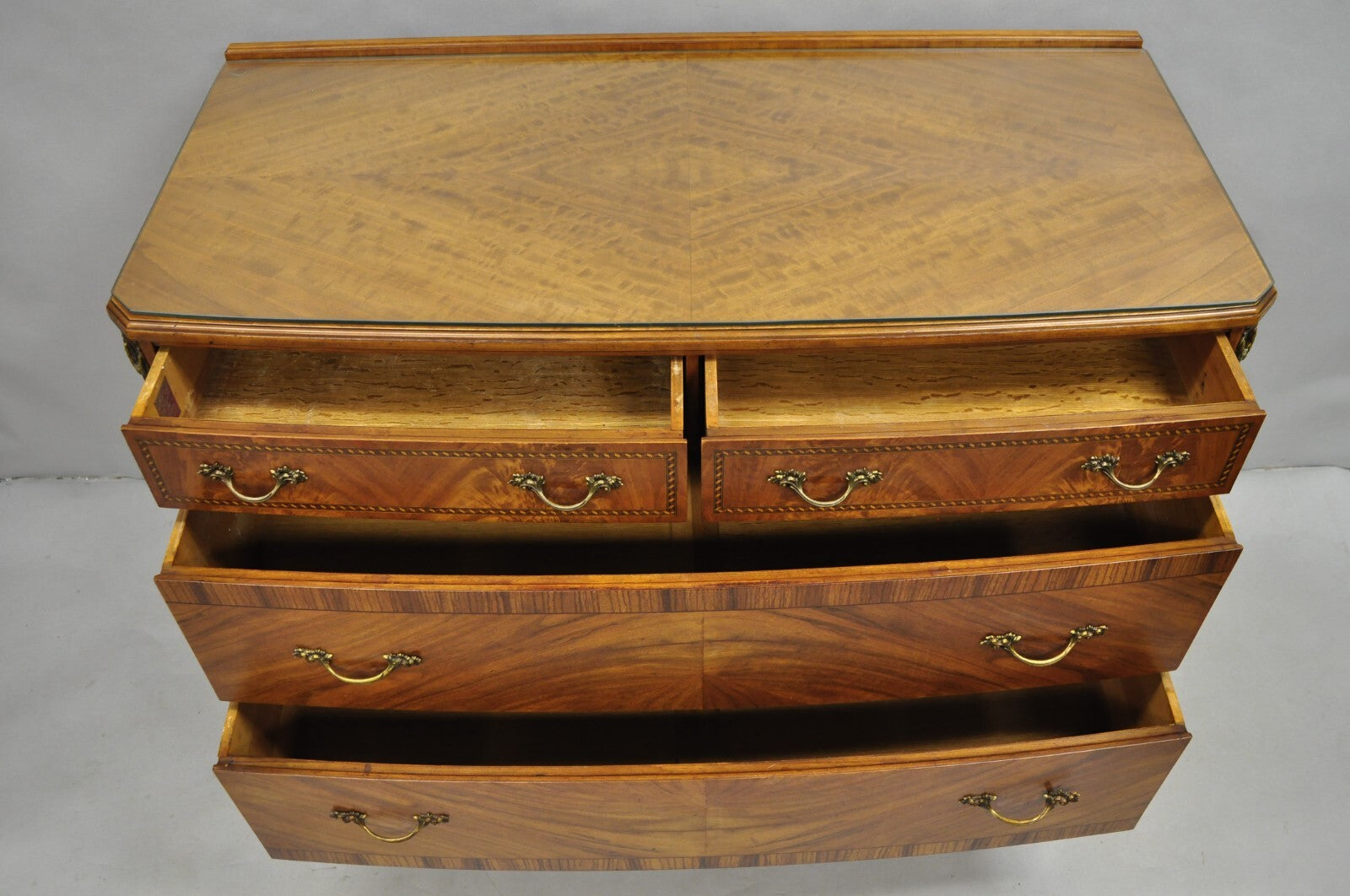 Antique French Louis XV Style Mahogany Satinwood Inlay 4 Drawer Dresser by Sligh