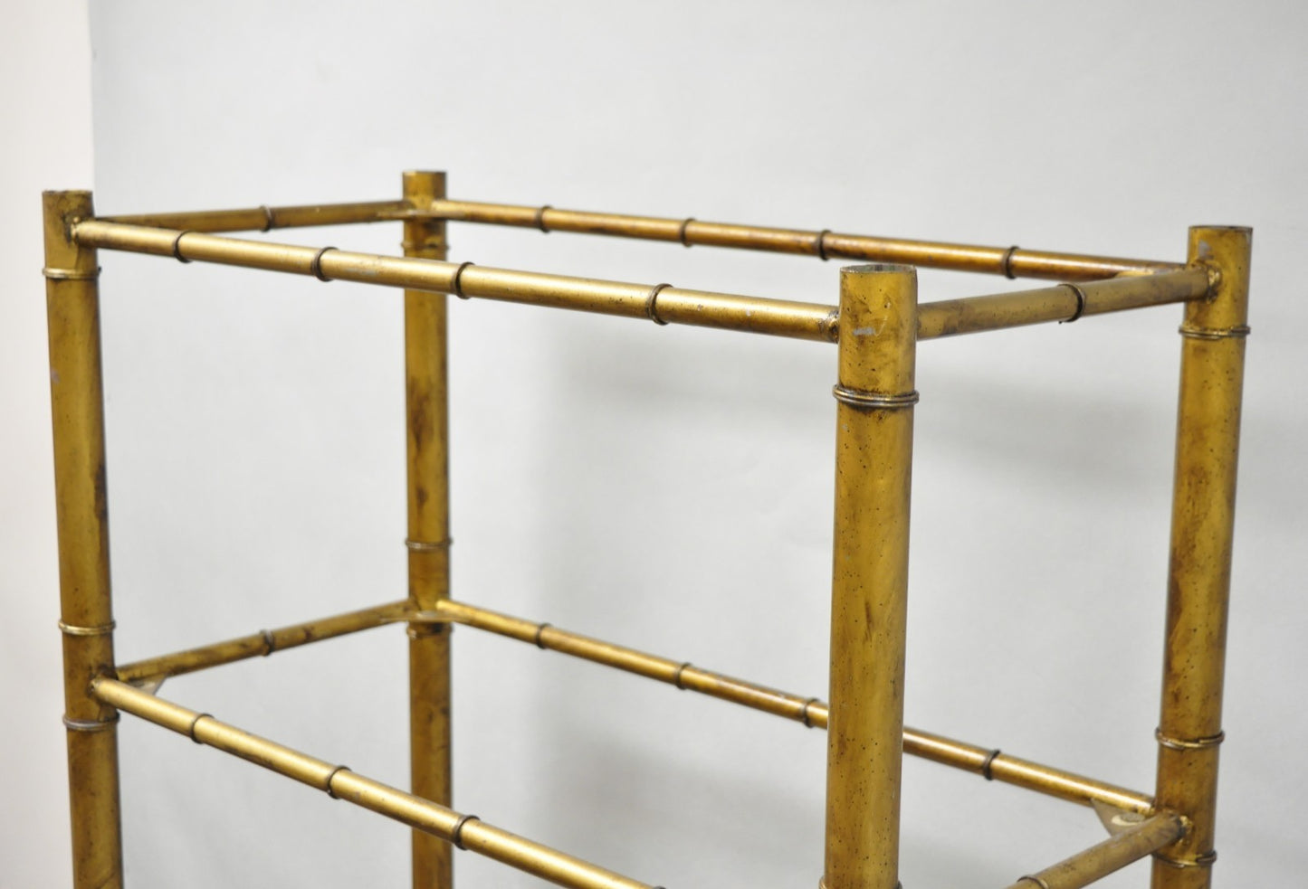 Vintage Hollywood Regency Gold Gilt Iron Metal Faux Bamboo Etagere Bookcase
