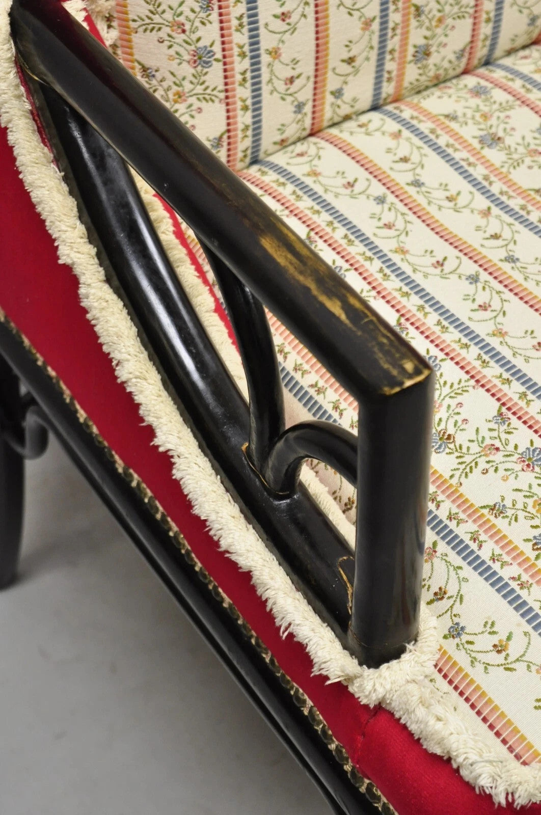 Vintage Chinoiserie James Mont Style Black Fretwork Lounge Arm Chairs - a Pair