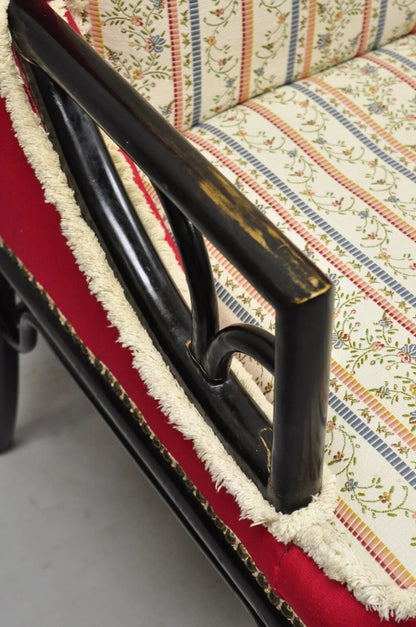 Vintage Chinoiserie James Mont Style Black Fretwork Lounge Arm Chairs - a Pair