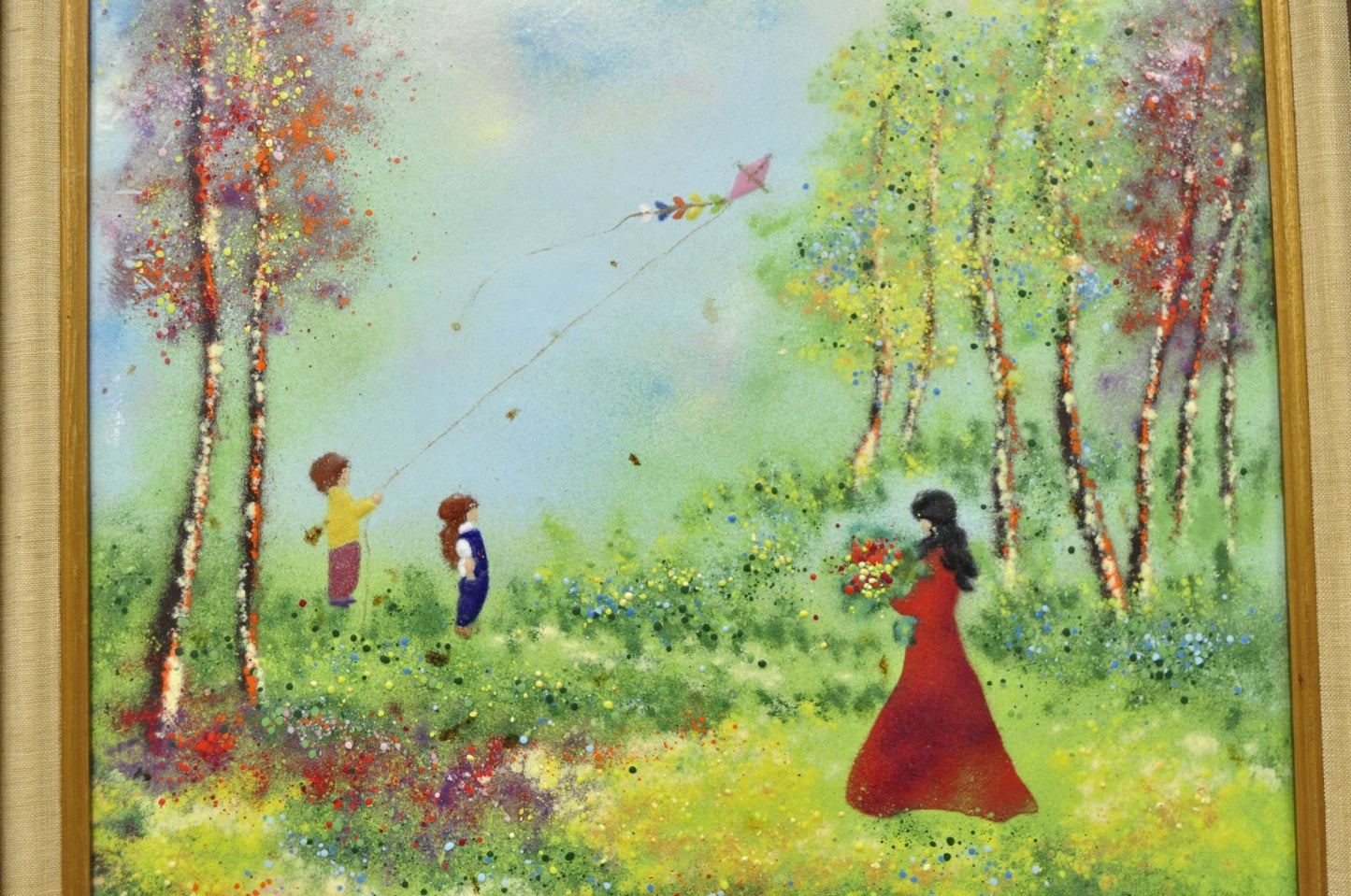 Vintage Louis Cardin Enamel on Copper Painting Framed "Woman with Boys & Kite"