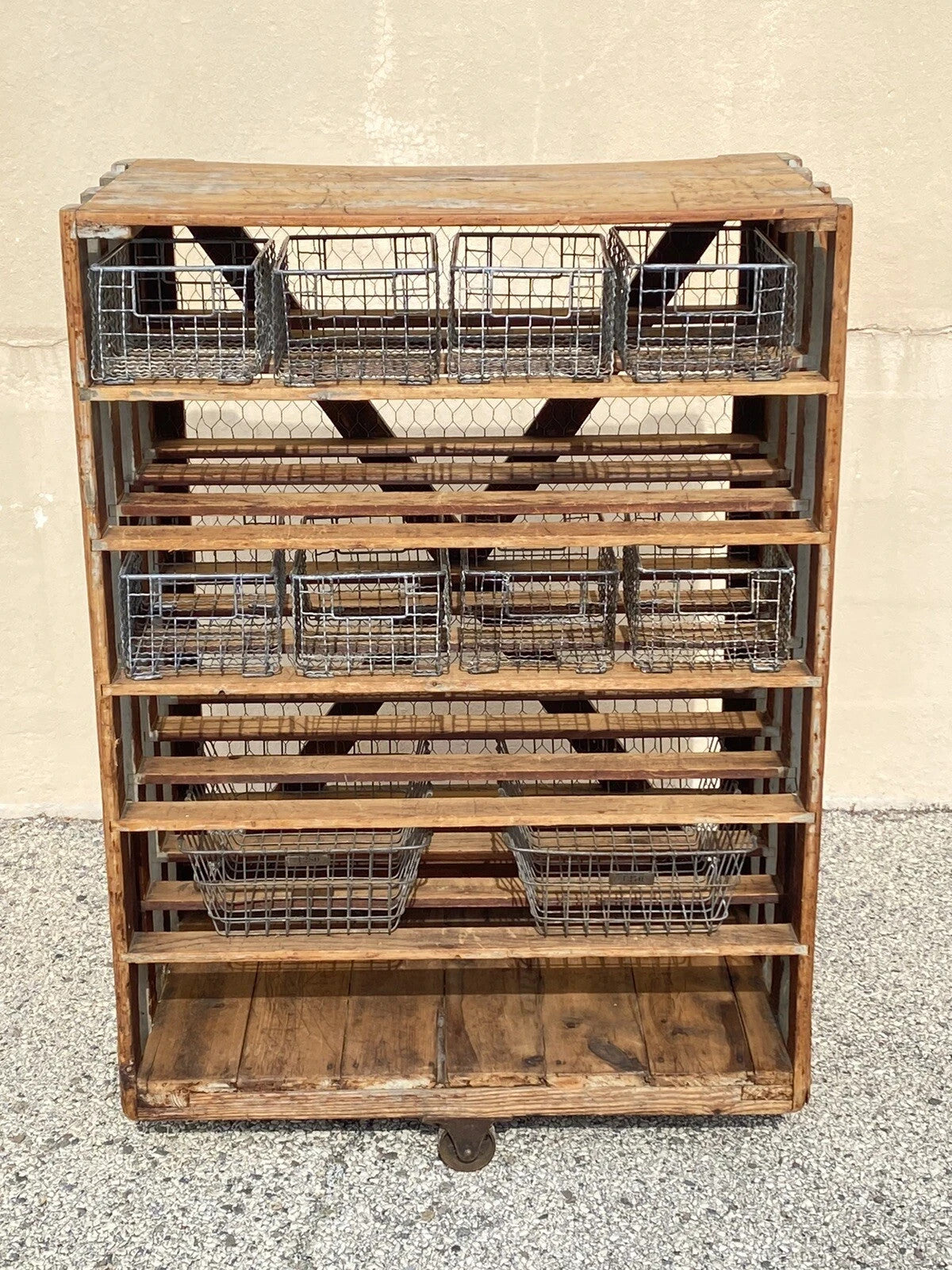 Antique Industrial Distress Gray Wooden Rolling Shelf Storage Cart Store Display