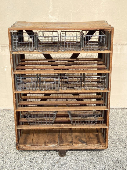 Antique Industrial Distress Gray Wooden Rolling Shelf Storage Cart Store Display