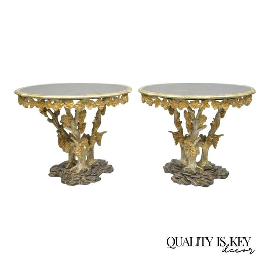 Vintage Italian Venetian Carved Wood Faux Bois Grapevine Center Tables - a Pair