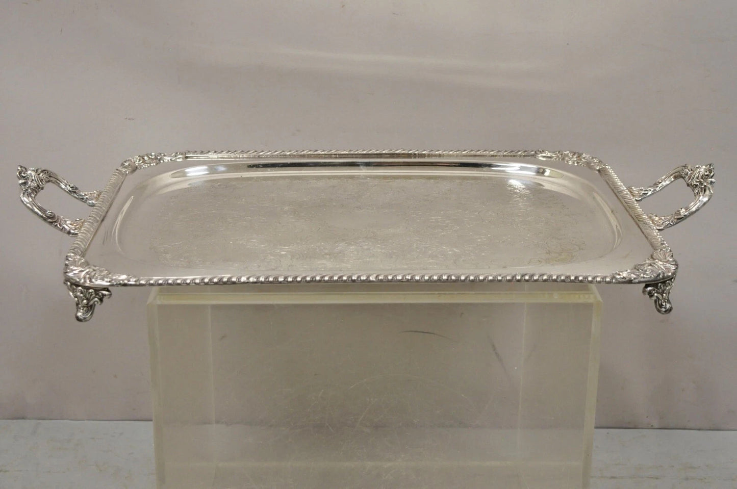 Vintage English Victorian Twin Handle Silver Plated Bar Serving Platter Tray