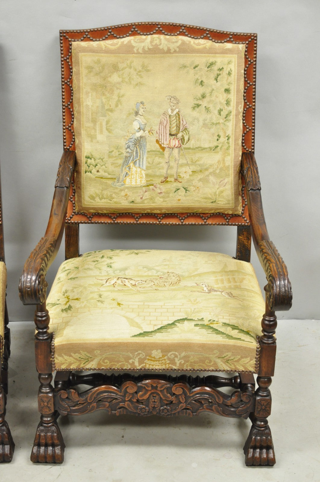 Antique French Louis XIV Style Needlepoint Tapestry Carved Walnut Arm Chair Pair