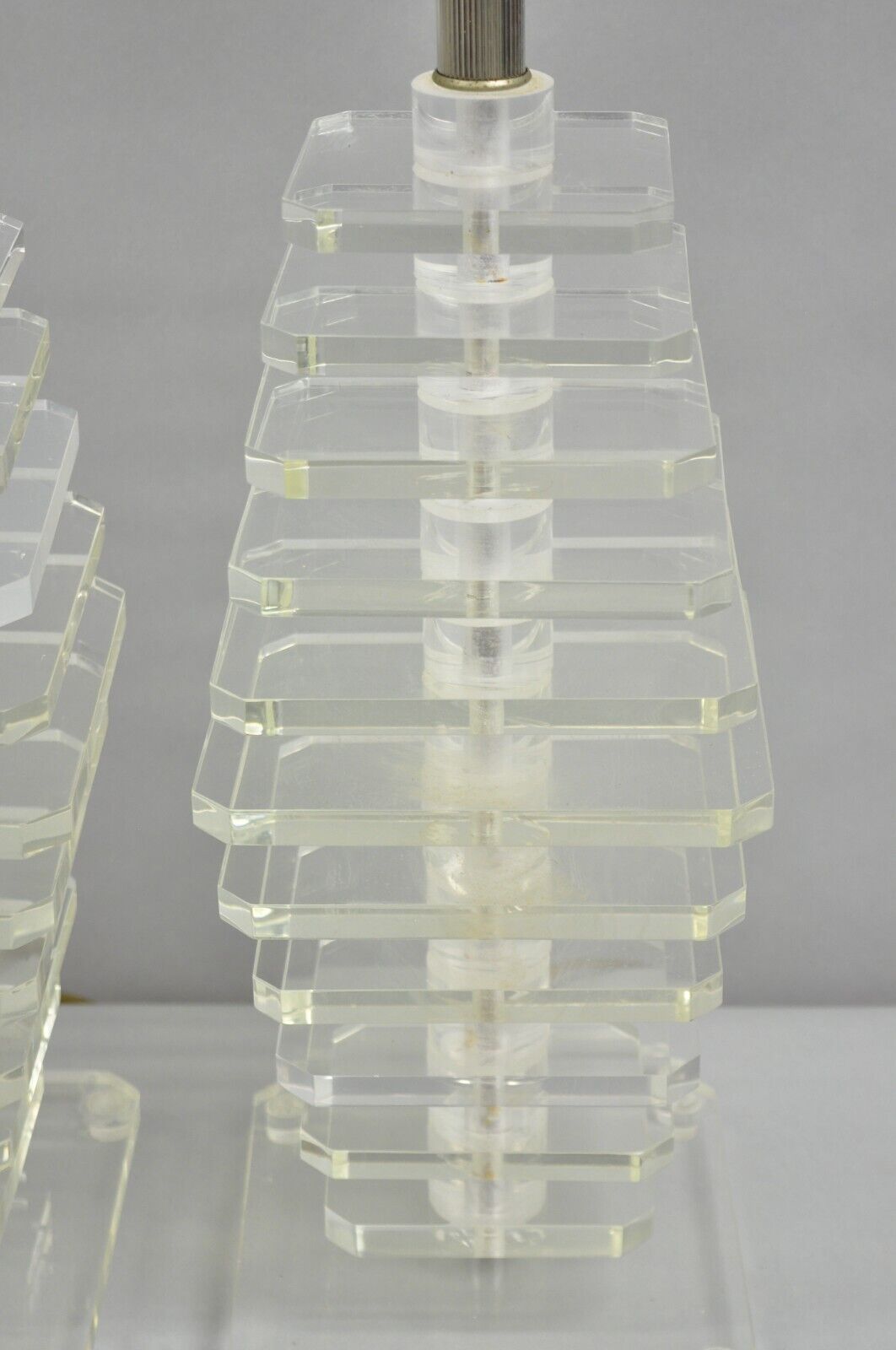 Vintage Mid Century Modern Stacked Lucite Skyscraper Table Lamps - a Pair